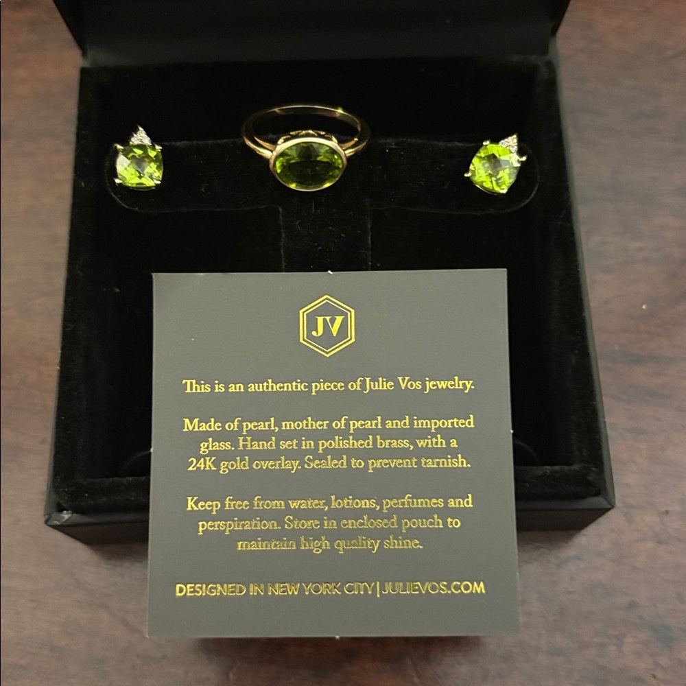 JULIE VOS Iridescent Peridot Green Stack Ring (Sz. 7) and Earring Set